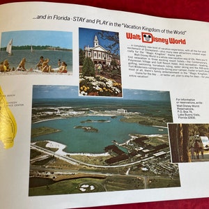 May include: A vintage brochure advertising Walt Disney World in Florida. The brochure features a map of Florida with a yellow outline, a photo of a beach scene, a photo of a building with a clock tower, a photo of a lake with a golf course, and a photo of a group of people riding horses. The brochure text reads "...and in Florida - STAY and PLAY in the "Vacation Kingdom of the World" Walt Disney World"