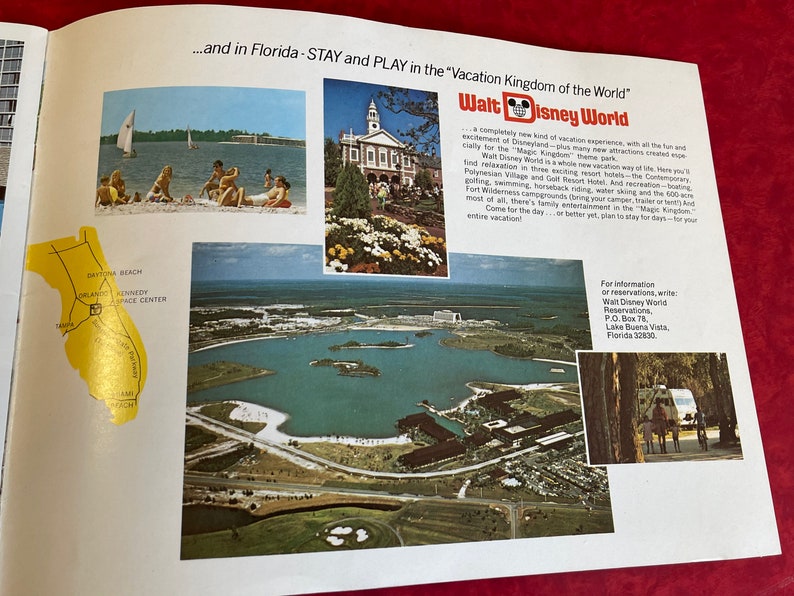 May include: A vintage brochure advertising Walt Disney World in Florida. The brochure features a map of Florida with a yellow outline, a photo of a beach scene, a photo of a building with a clock tower, a photo of a lake with a golf course, and a photo of a group of people riding horses. The brochure text reads "...and in Florida - STAY and PLAY in the "Vacation Kingdom of the World" Walt Disney World"