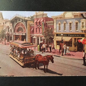 Vintage Disneyland Main Street U.S.A. Postcard - Upjohn Pharmacy - Horse Drawn Streetcar
