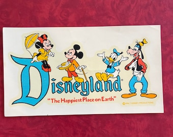 Vintage Disneyland calcomanía transferencia recuerdo el lugar más feliz de la tierra Mickey Goofy Minnie Donald