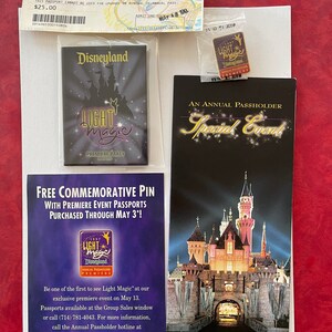 May include: A Disneyland Annual Passholder ticket for a special event called "Light Magic Premiere" on 13 May 1997. The ticket costs £25.00 and includes a free commemorative pin with the purchase of a Premiere Event Passport up to 3 May. The ticket also includes a picture of Sleeping Beauty's Castle at Disneyland.