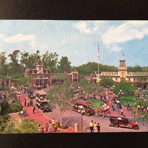 Vintage Disneyland Main Street U.S.A. Postcard - Town Square and Vehicles