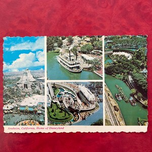 Vintage Disneyland - Multi View Card of Matterhorn, Storybook Boats & Land, Small World, Mark Twain