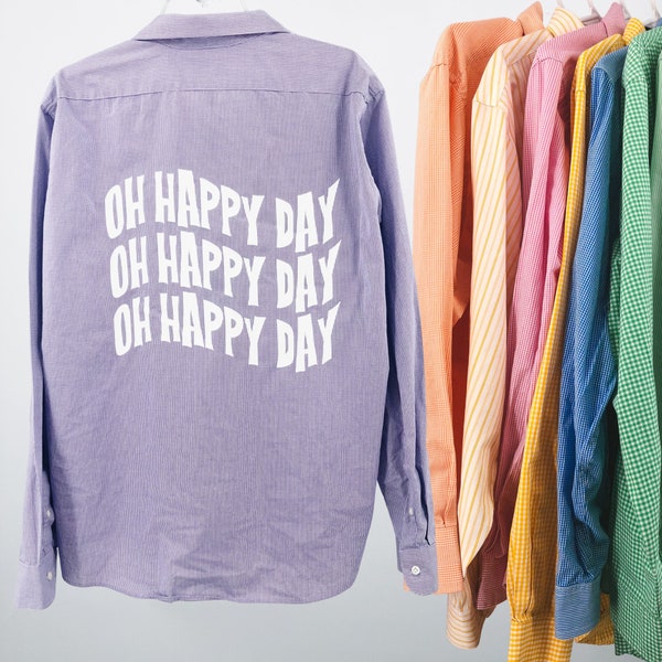 Chemise boutonnée personnalisée Ohh Happy Day recyclée, chemise Oxford, chemise de préparation, chemise de demoiselle d'honneur, boutonnière oversize, pièce unique