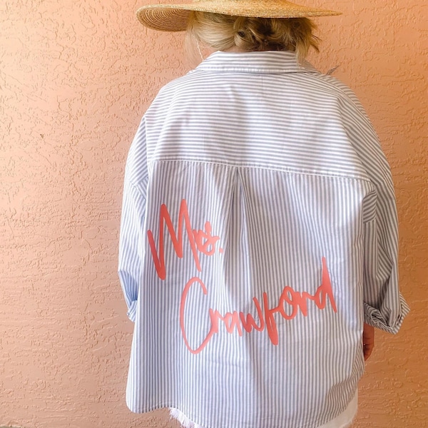 Chemise boutonnée recyclée demoiselle d'honneur mariée, chemise Oxford mariée, chemise de préparation, cadeau de demoiselle d'honneur, mariée boutonnée, pièce unique