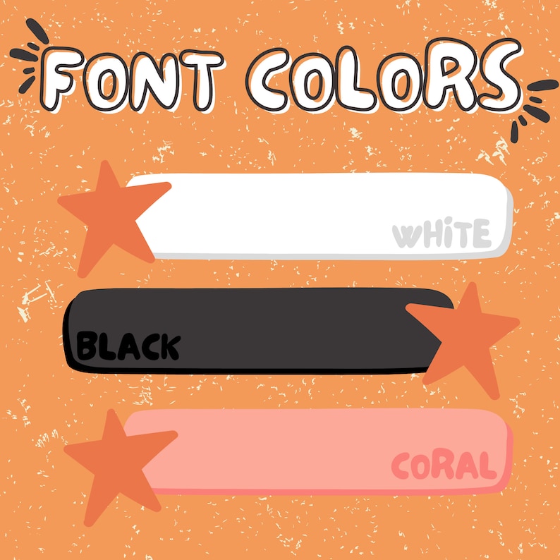 Puede incluir: Un gr&aacute;fico sobre un fondo naranja texturizado con el texto FONT COLORS en la parte superior. Muestra tres barras horizontales redondeadas en blanco, negro y coral, cada una etiquetada con su nombre de color y decorada con estrellas naranjas.