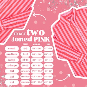 Puede incluir: Una camisa de manga larga con botones y rayas verticales de color rosa y rosa claro. La imagen incluye una tabla de tallas con medidas en pulgadas para las tallas small a 4xl, etiquetada con el texto EXACT two toned PINK.