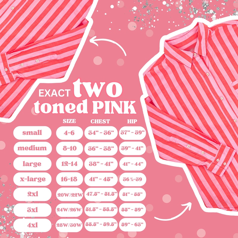Puede incluir: Una camisa de manga larga con botones y rayas verticales de color rosa y rosa claro. La imagen incluye una tabla de tallas con medidas en pulgadas para las tallas small a 4xl, etiquetada con el texto EXACT two toned PINK.