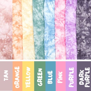 May include: A collection of ten fabric swatches in various tie-dye patterns. The swatches are arranged in a row from left to right: tan, orange, yellow, green, blue, pink, purple, dark purple.