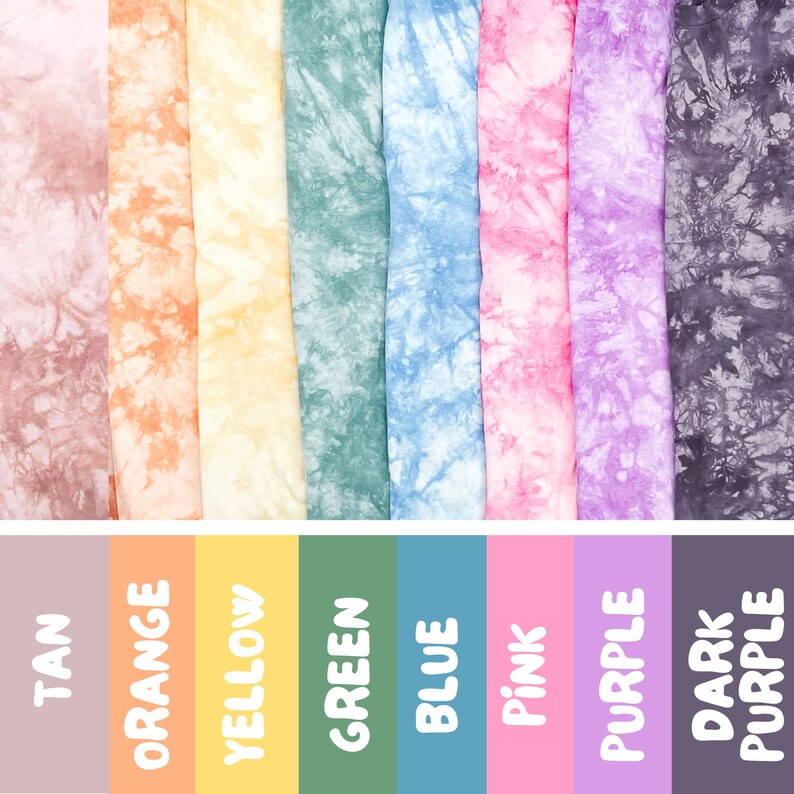 May include: A collection of ten fabric swatches in various tie-dye patterns. The swatches are arranged in a row from left to right: tan, orange, yellow, green, blue, pink, purple, dark purple.