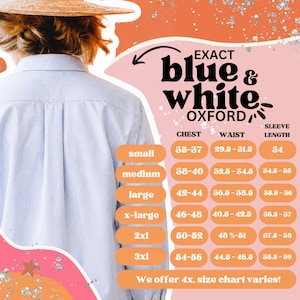 Puede incluir: Una camisa de botones a rayas finas azul claro y blanco vista desde atr&aacute;s, junto a una tabla de tallas titulada EXACT blue & white OXFORD. La tabla enumera las medidas de pecho, cintura y largo de manga en pulgadas para tallas small a 3xl.