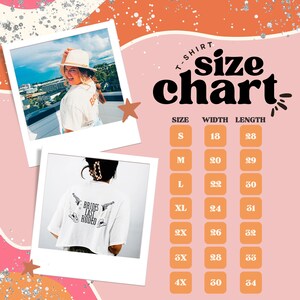 May include: A size chart for t-shirts with measurements in inches. The chart shows the width and length of the shirts in sizes S, M, L, XL, 2X, 3X, and 4X.