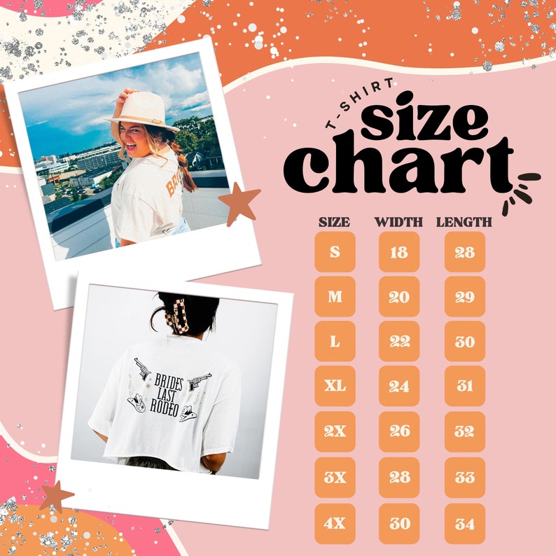 May include: A size chart for t-shirts with measurements in inches. The chart shows the width and length of the shirts in sizes S, M, L, XL, 2X, 3X, and 4X.