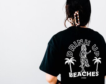 T-shirt da addio al nubilato ritagliata personalizzata "Drink Up Beaches", t-shirt da addio al nubilato, camicie da addio al nubilato, t-shirt tropicale, weekend da addio al nubilato