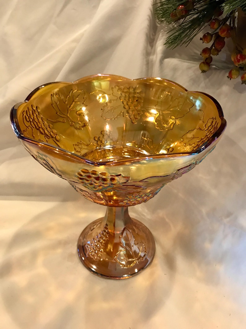 Indiana Glass Iridescent Gold Carnival Glass Large Candy Dish Etsy