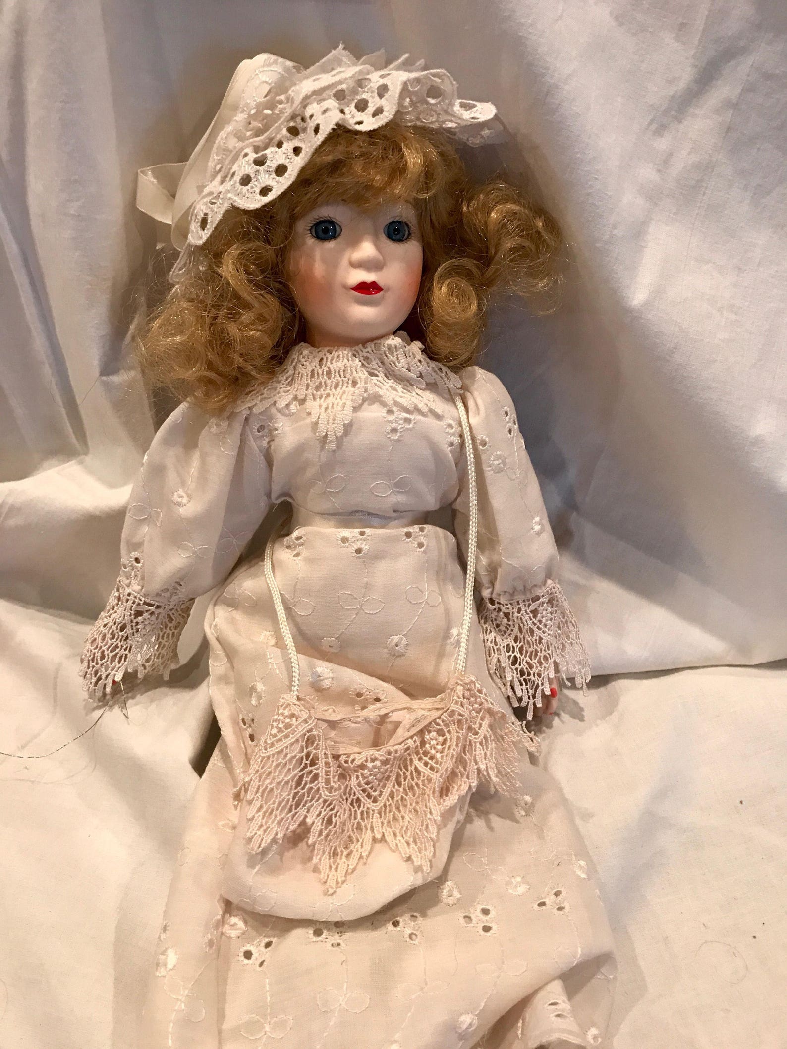 Porcelain Doll With Eyelet Dress and Purse Etsy