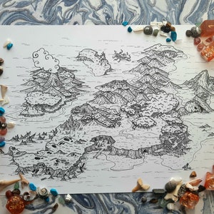 May include: A black and white hand-drawn map of an island with multiple mountains, a volcano, and a cloud. The map is on a white background.