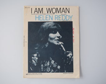 Helen Reddy vintage sheet music I Am Woman, musical notation/lyrics, Pop Rock/Soft Rock/Easy Listening, Aussie singer, stained pages, 1972