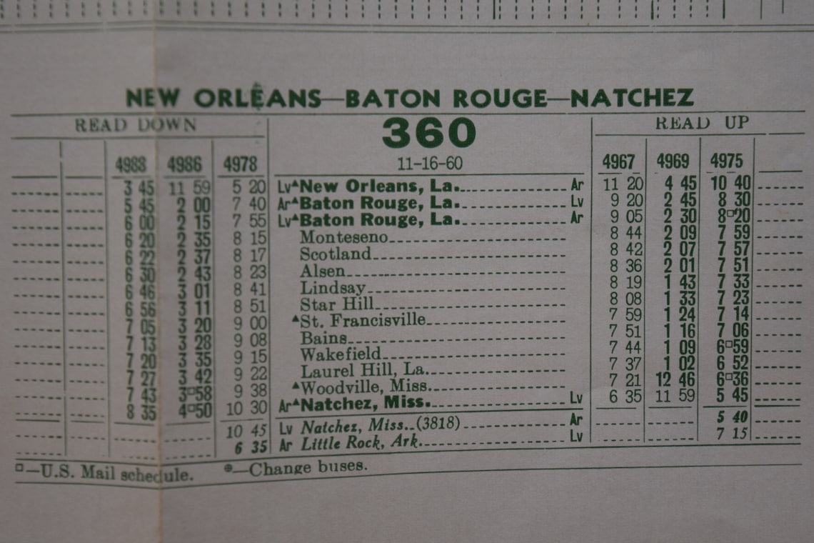 Greyhound Bus Lines vintage time table Southern Greyhound | Etsy