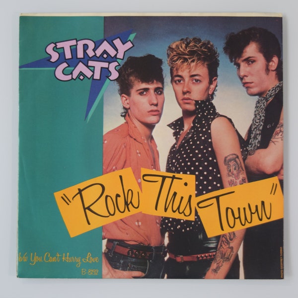 Stray Cats vintage 7" vinyl record, Rock This Town, 45 RPM, picture sleeve, Rockabilly, Brian Setzer / Phantom / Rocker, 1983