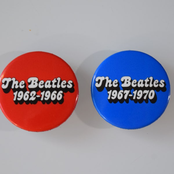 The Beatles, vintage pinback buttons, set of two, promotional, 1-3/8" across, 1962-1966 & 1967-1970 albums, John/Paul/George/Ringo, 1993