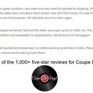 May include: Image features customer reviews with five-star ratings. Text reads: "Just a few of the 1,000+ five-star reviews for Coupe De Vinyl!" A vinyl record with the text "Coupe De Vinyl" is also shown.
