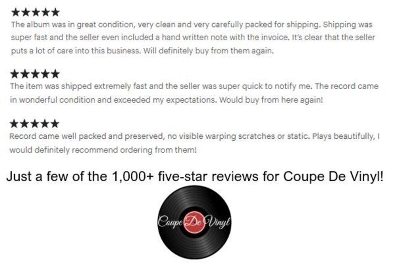 May include: Image features customer reviews with five-star ratings. Text reads: "Just a few of the 1,000+ five-star reviews for Coupe De Vinyl!" A vinyl record with the text "Coupe De Vinyl" is also shown.
