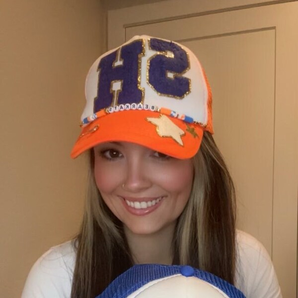 Sam Houston Trucker Hats, Embellished Trucker Hats, Women’s Trucker Hats, Bedazzled Hat, SHSU Hat, Bearkats Hat, Trucker Hat, Patch Letters