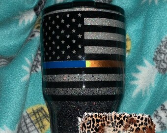 Thin Blue Line Glitter Tumbler. Gold Line Tumbler, Thin Blue Line, Police Tumbler, Dispatch Tumbler, Thin Blue and Gold Line Tumbler