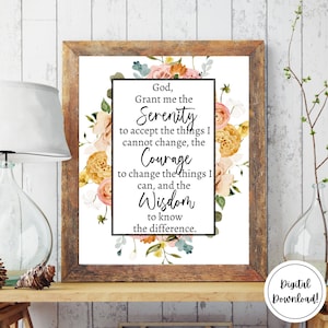 Arte de pared imprimible de oración de serenidad, Descarga digital de recuperación, Arte de pared cristiano, AA NA Alcohólicos Anónimos Al-anon Sobriedad Regalo v.1