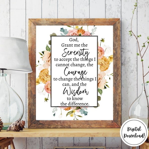 Serenity Prayer Printable Wall Art, Recovery Digital Download, Christian Wall Art, AA NA Alcoholics Anonymous Al-anon Sobriety Gift v.1