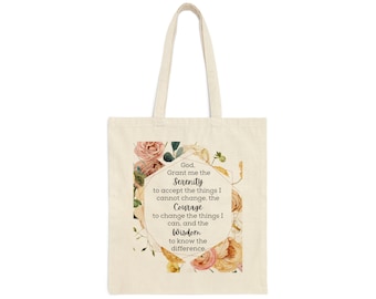 Serenity Prayer Hexagon Rose Floral Cotton Canvas Tote Bag-Sobriety Gift for Women- Market- Great Recovery Gift for AA, NA, Al-Anon Sponsor