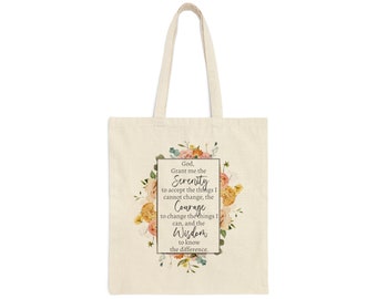 Serenity Prayer Cotton Canvas Tote Bag- Regalo de sobriedad para las mujeres- Bolsa de mercado floral- Gran regalo de recuperación para AA, NA, Patrocinador de Al-Anon