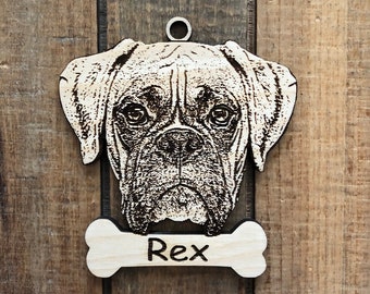 Boxer Ears Down uncropped Can Be Personalized Laser Cut Wood Dog Ornament