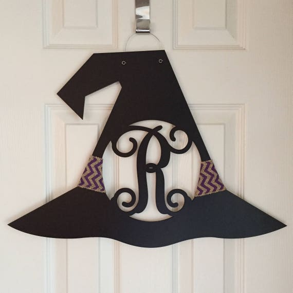 hat witch door hanger monogram wreath halloween initial fall