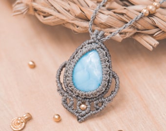 Small Larimar pendant, Macrame pendant Larimar stone, Protection Larimar amulet, Boho macrame pendant, Gift her, Powerful Larimar pendant
