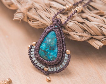 Chrysocolla macrame pendant, Brown Chrysocolla necklace, healing stone pendant, Bohemian amulet macrame, Chrysocolla  boho macrame pendant