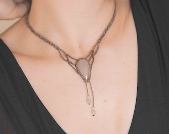 Rose Quartz dainty necklace, Macrame necklace with Rose Quartz, Bohemian macrame jewelry, Rose Quartz choker,goddess necklace, Boho necklace