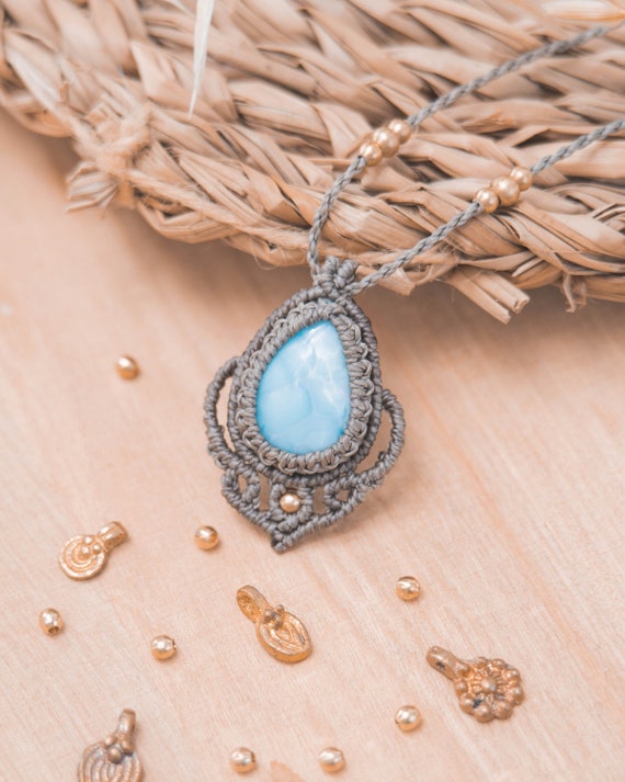 Small Larimar pendant, Macrame pendant Larimar stone, Protection Larimar amulet, Boho macrame pendant, Gift her, Powerful Larimar pendant