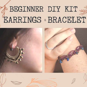 May include: Beginner DIY kit for making earrings and a bracelet. The earrings are hoop-shaped with brown and black beads. The bracelet is purple with blue beads and gold accents.