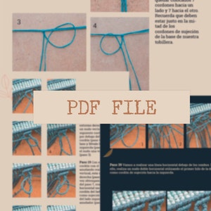 May include: A close-up of a page from a craft book showing instructions for making a macrame bracelet. The page includes a series of diagrams showing how to tie knots with blue cord. The text on the page is in Spanish.