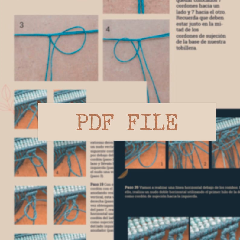 May include: A close-up of a page from a craft book showing instructions for making a macrame bracelet. The page includes a series of diagrams showing how to tie knots with blue cord. The text on the page is in Spanish.