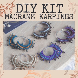 May include: DIY Kit Macrame Earrings. Four pairs of macrame earrings with different colored cords and beads. The earrings are displayed on a wooden surface.
