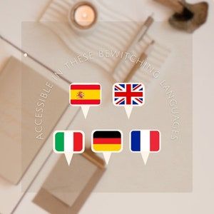 May include: A graphic with the text "Accessible in these bewitching languages" in a circle around four flags: Spanish, British, Italian, and German.