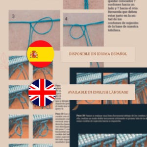 Op de afbeelding: Een knutselhandleiding met stapsgewijze instructies en diagrammen. De afbeelding bevat tekst in het Engels en Spaans, samen met de vlaggen van Spanje en het Verenigd Koninkrijk. De tutorial laat zien hoe je een macram&eacute;-project met turquoise koord maakt.
