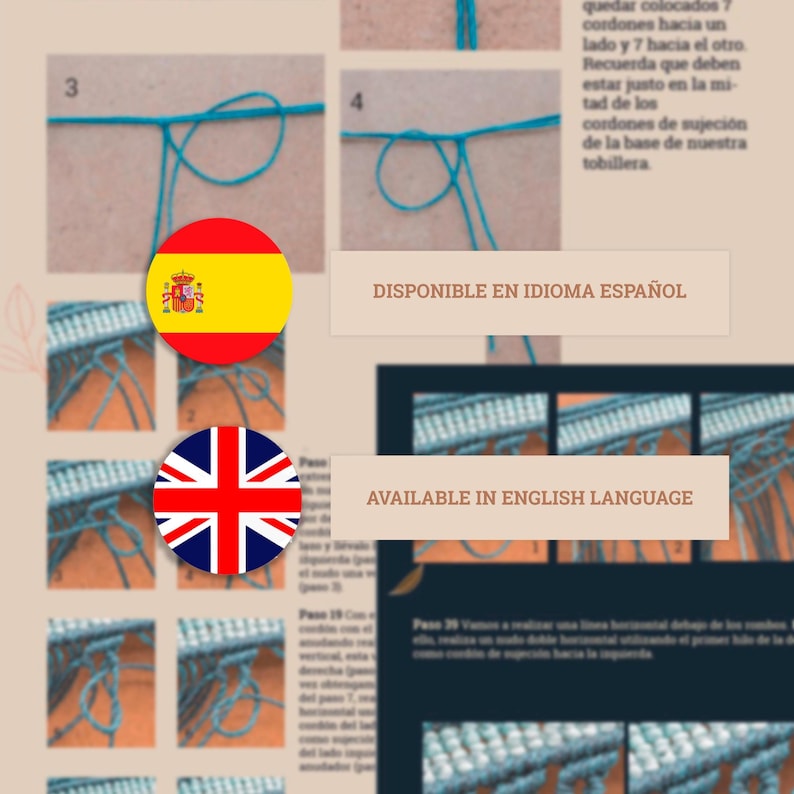 Op de afbeelding: Een knutselhandleiding met stapsgewijze instructies en diagrammen. De afbeelding bevat tekst in het Engels en Spaans, samen met de vlaggen van Spanje en het Verenigd Koninkrijk. De tutorial laat zien hoe je een macram&eacute;-project met turquoise koord maakt.