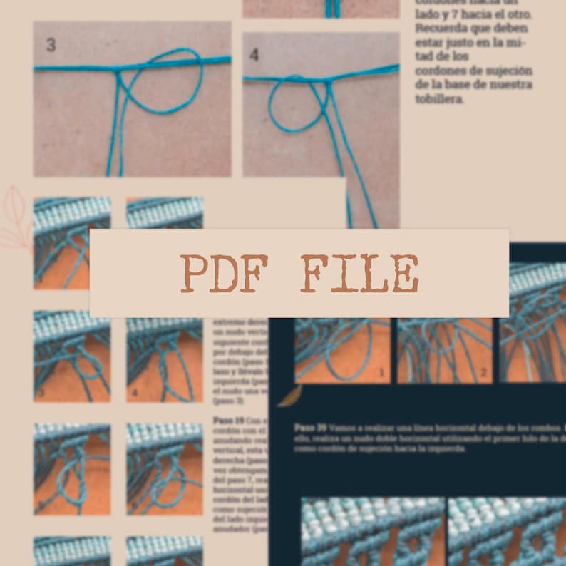 Op de afbeelding: Een PDF-bestand met instructies voor macram&eacute; knopen. Het bestand toont stapsgewijze diagrammen met turquoise koord en tekst in het Spaans. Het bestand staat op een lichtbruine achtergrond met een bloemenontwerp.