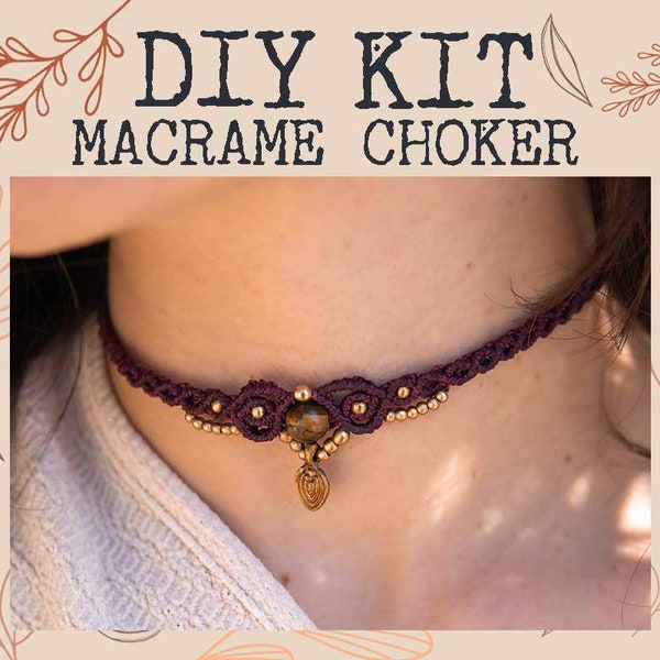 Kit de bricolage collier en macramé, kit tour de cou avec pierre de guérison, tutoriel collier en macramé, tour de cou en larimar, modèle de bijoux bohème, cadeau kit de bricolage