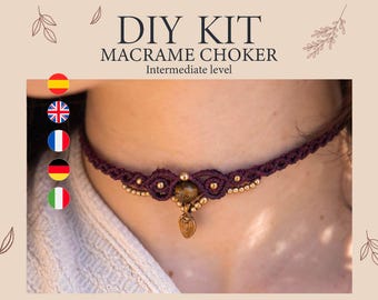 Kit de bricolaje para collar de macramé, kit de gargantilla con piedra curativa, tutorial de collar de macramé, gargantilla de larimar, patrón de joyería boho, kit de bricolaje para regalo