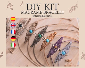 DIY Kit de pulsera de macramé, kit pulsera con piedra curativa, tutorial pulsera de macramé, pulsera de larimar, patrón joyería boho, regalo